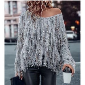 Fun Fuzzy Embellished Pullover Sweater V-Neck Grey